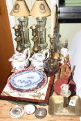 Collection of wares including brass candlesticks, Pelham puppet, small silver frame,