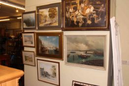 Collection of eight pictures including Turner Venice print, oils of jazz band, and fishing boats,
