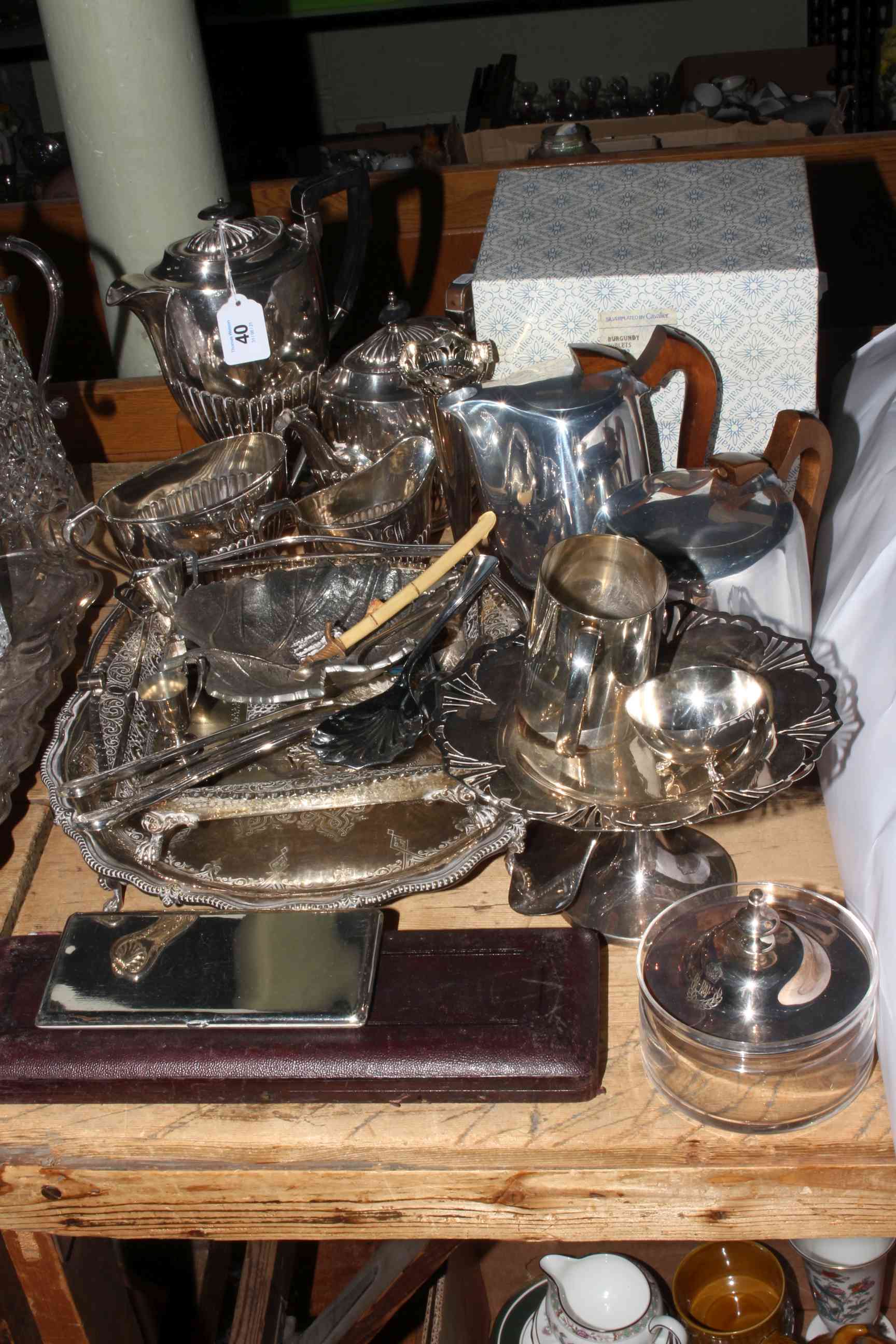 Silver plated wares including tea set, salver, basket, goblets, servers, etc.