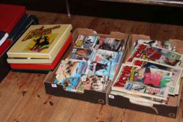Two boxes of Victor and Commando magazines, bird book, LP records, etc.