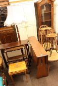 Large slim Ercol gateleg table and two chairs, two wine tables, standard lamp, hall table,