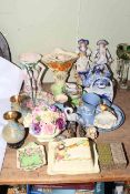 Collection of decorative wares including pair cloisonne vases, Maling, pair figures, Wedgwood, etc.