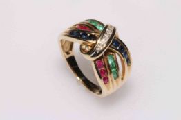 14k crossover ring set with rubies, sapphires, emeralds and diamonds, size N.