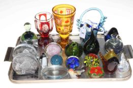 Collection of glass paperweights, Bohemian amber goblet, another overlay goblet and basket.