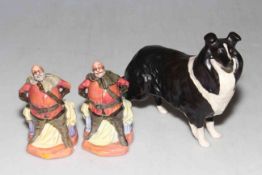Two small Royal Doulton Falstaff figures, and Beswick Collie (3).
