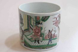 Large Chinese polychrome brush pot with panels of figure decoration and dragons, 18cm high.