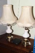 Five branch ceiling light, pair of table lamps and cased cutlery.