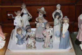 Two Lladro girl figures and eight Nao figures.