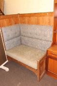 Pitch pine upholstered high back corner kitchen bench.