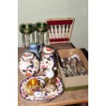 Three pieces Masons Mandalay, pair Victorian lustres, Aynsley fruit cup and saucer, Swiza clock,