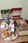 Three pieces Masons Mandalay, pair Victorian lustres, Aynsley fruit cup and saucer, Swiza clock,