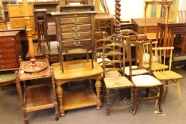 Oak coffee table, four drawer mahogany music cabinet, standard lamp and shade,