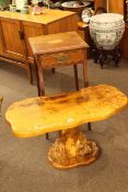 Edwardian inlaid occasional table with frieze drawer and naturalistic wooden coffee table.