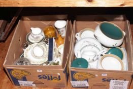 Two boxes with Denby Greenwheat wares, tea china, etc.