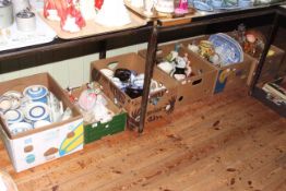 Five boxes with decorative wares including Ringtons, Staffordshire, Greens storage jars, etc, etc.