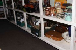 Five boxes of glass, metalwares and china, together with mantel clock and cased cutlery.