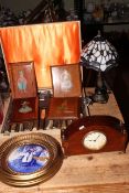 Horn handled steak knives, forks and servers, inlaid clock, Tiffany style table lamp,