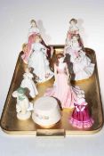 Collection of five Royal Doulton lady figures, two Coalport figures and Royal Doulton Snowman.