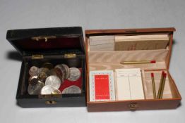 Box of coinage and vintage Bridge set (2).