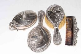 Oval caviar dish, stamped Art Krupp, Berndorf, and ornate silver backed brush, mirror and comb (4).