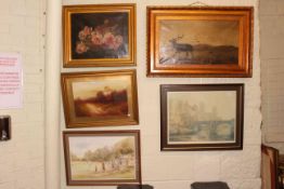 Collection of five pictures including gilt framed Stag, Landscape, Still Life,