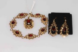 9 carat gold garnet bracelet, 9 carat gold earrings and rolled gold pendant.