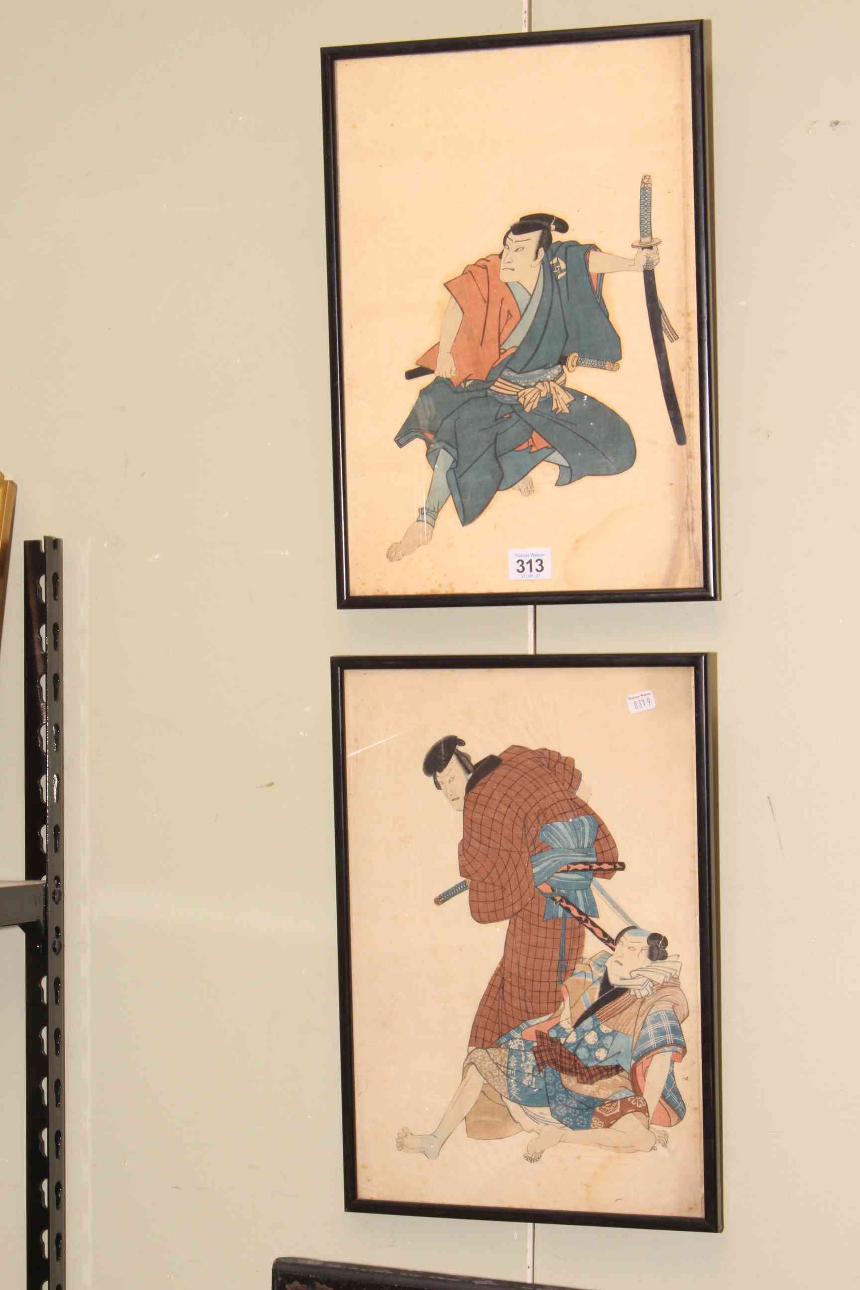 Pair Japanese framed pictures of Samurai, 40cm by 28cm.