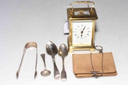 Antique silver teaspoons and tongs, silver mounted purse, and French gilt brass carriage clock.