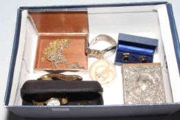 Three gents wristwatches, silver cigarette box, silver topped box, chains, bangle, cufflinks, etc.