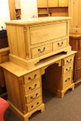 Pine kneehole pedestal desk, blanket chest, three drawer pedestal chest and dressing mirror.