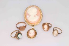 Collection of three 9 carat gold cameo rings, one signet ring and two paste brooches (6).