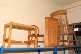 Farmhouse kitchen rocking chair, pine corner cabinet, child's chair and sea grass seated stool.