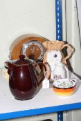 Clarice Cliff Celtic Harvest bowl, Art Deco mantel clock, Denby teapot, Staffordshire dog, etc.