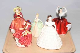 Collection of three Royal Doulton ladies, Top O' the Hill, A Single Red Rose and Karen,