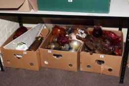 Three boxes of tools, glass, metalwares, Royal Doulton Fair Lady, ships wheel, stoneware, etc.