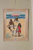 Alberto, Family on the Beach, Morocco, acrylic on board, 34cm by 29cm, framed.