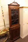 Edwardian mahogany and line inlaid astragal glazed door top standing corner cabinet.