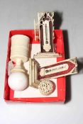 Box with ivory billiard ball, carved box, cup and two thermometers (5).