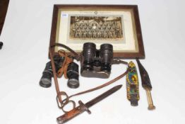 Two pair binoculars, bayonet and two knives, and 1942 Grenadier Guards photograph (6).