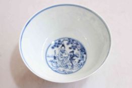 Chinese blue and white bowl with elders decoration, six character mark, 16cm diameter.