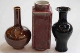 Three Chinese single colour glazed vases, two with six character marks, tallest 19.5cm.