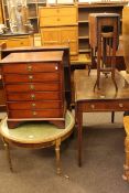 Mahogany six drawer pedestal chest, Pembroke and Sutherland tables, Stag waterfall bookcase,