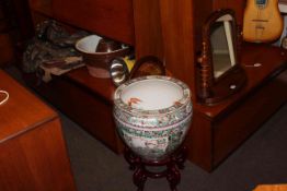 Oriental fish bowl with stand, Deerhunter hunting jacket, stoneware, toilet mirror, hunting bags.