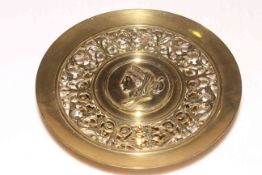 Victorian cast brass pierced dish with portrait, 28cm diameter.