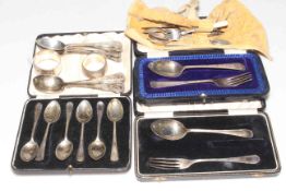Collection of silver teaspoons (some cased), napkin ring, etc.