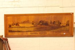 Large oak framed wood veneer picture of Alnwick Castle and Grounds, 56cm by 167cm.