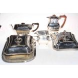 Pair of silver plated entree dish, 1930's EP tea set and pierced tray.