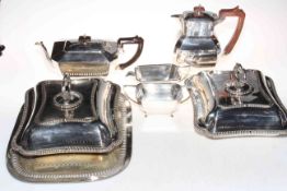 Pair of silver plated entree dish, 1930's EP tea set and pierced tray.