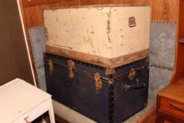 Pine blanket box, trunk, child's desk and oak corner unit.