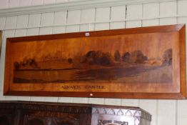 Large oak framed marquetry picture of Alnwick Castle and Grounds, 56cm by 167cm.